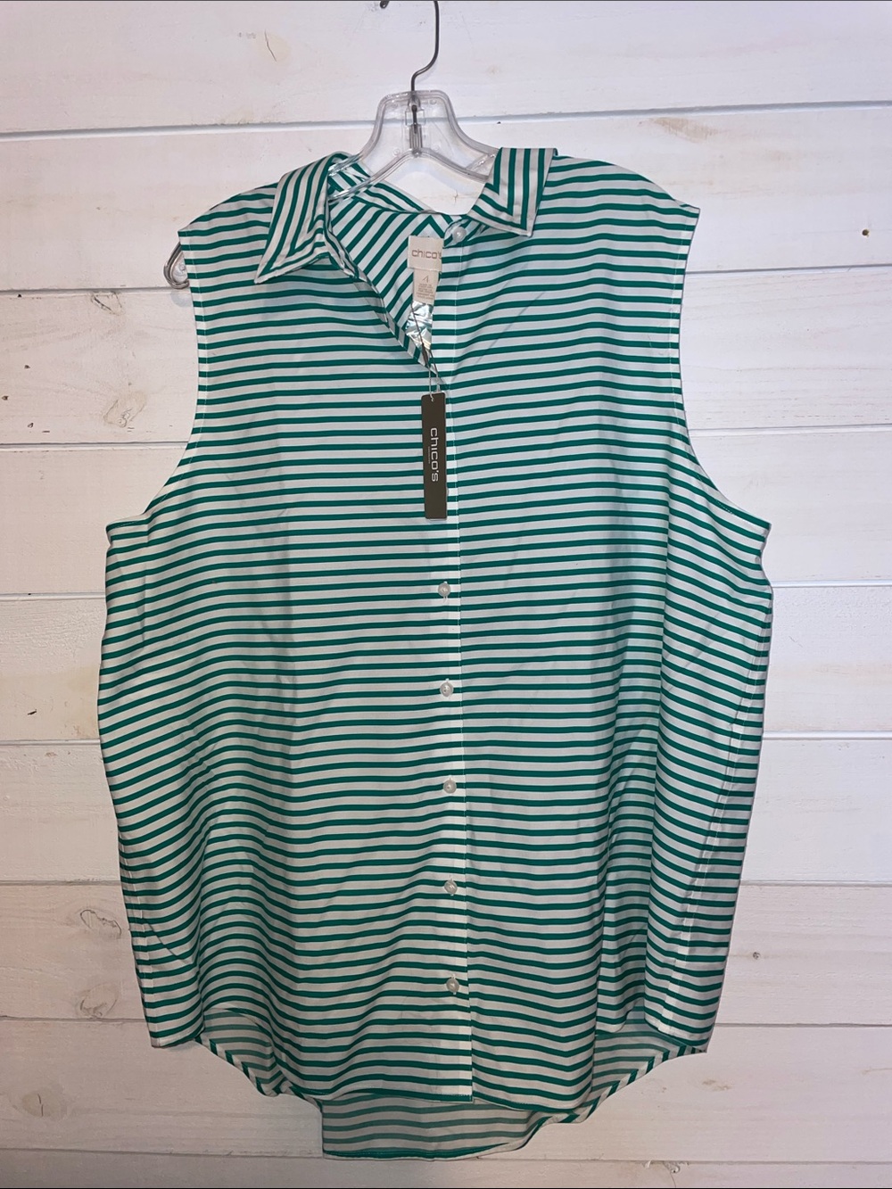 Chico's Green and White Striped Sleeveless Button-Down Top